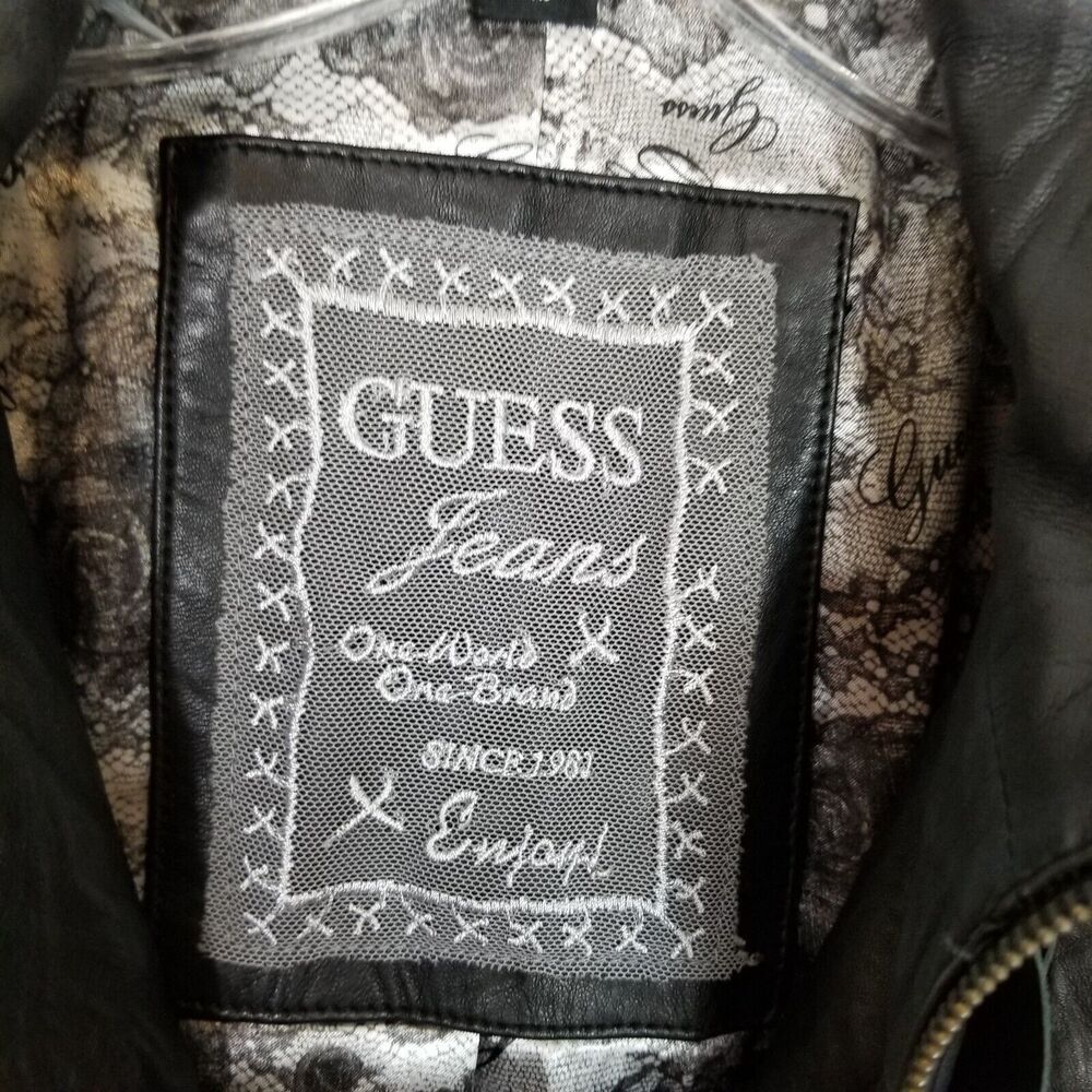 Guess Women 100% Leather Ruffle Front Jacket Sz XS Black Zip Up Short Y2K - Picture 8 of 10